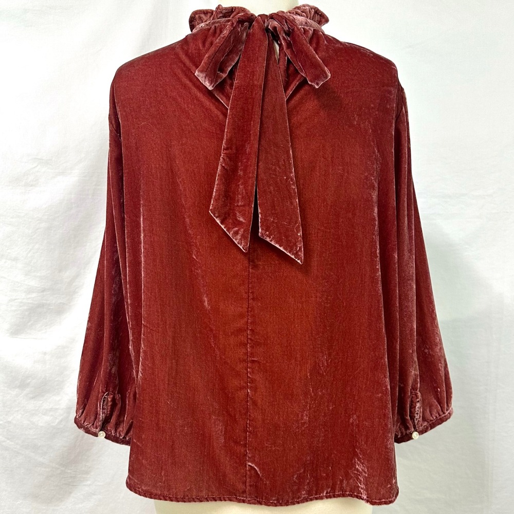 TROVATA BIRDS OF PARADIS Pink Velvet Ruffle Neck Bow Blouse M Balloon Sleeve - Picture 4 of 7